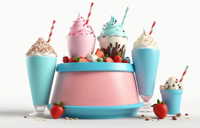 Milkshake Glasses with Fruits and Chocolate 3D Design Illustration
